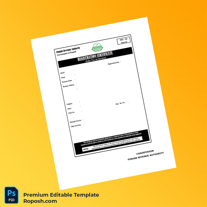 Customizable Pakistan Punjab Revenue Authority Registration Certificate Editable Word & PDF Template 8 page Customizable Pakistan Punjab Revenue Authority Registration Certificate Editable Word & PDF Template 8 page