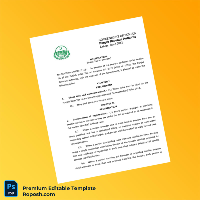 Customizable Pakistan Punjab Revenue Authority Registration Certificate Editable Word & PDF Template 8 page Customizable Pakistan Punjab Revenue Authority Registration Certificate Editable Word & PDF Template 8 page