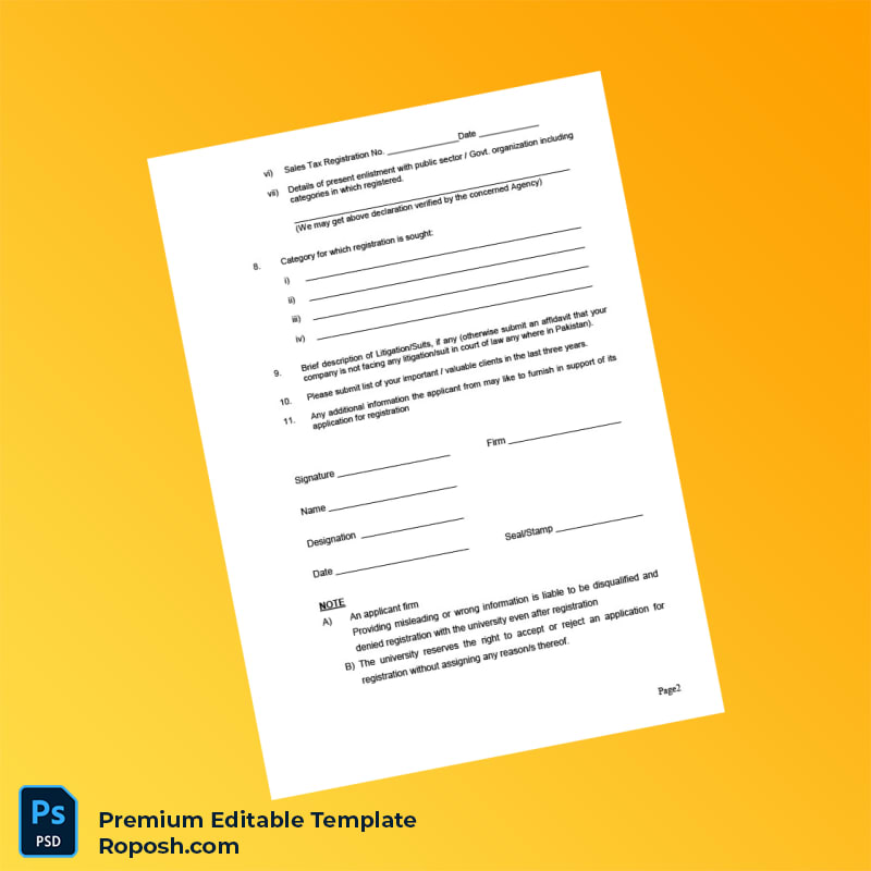 Customizable Pakistan Sir Syed University of Engineering Technology Supplier Registration Form Editable Word & PDF Template 3 page Customizable Pakistan Sir Syed University of Engineering Technology Supplier Registration Form Editable Word & PDF Template 3 page