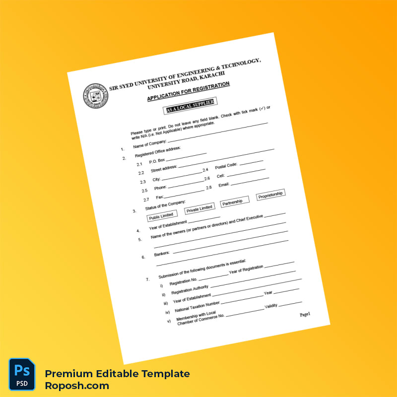 Customizable Pakistan Sir Syed University of Engineering Technology Supplier Registration Form Editable Word & PDF Template 3 page Customizable Pakistan Sir Syed University of Engineering Technology Supplier Registration Form Editable Word & PDF Template 3 page