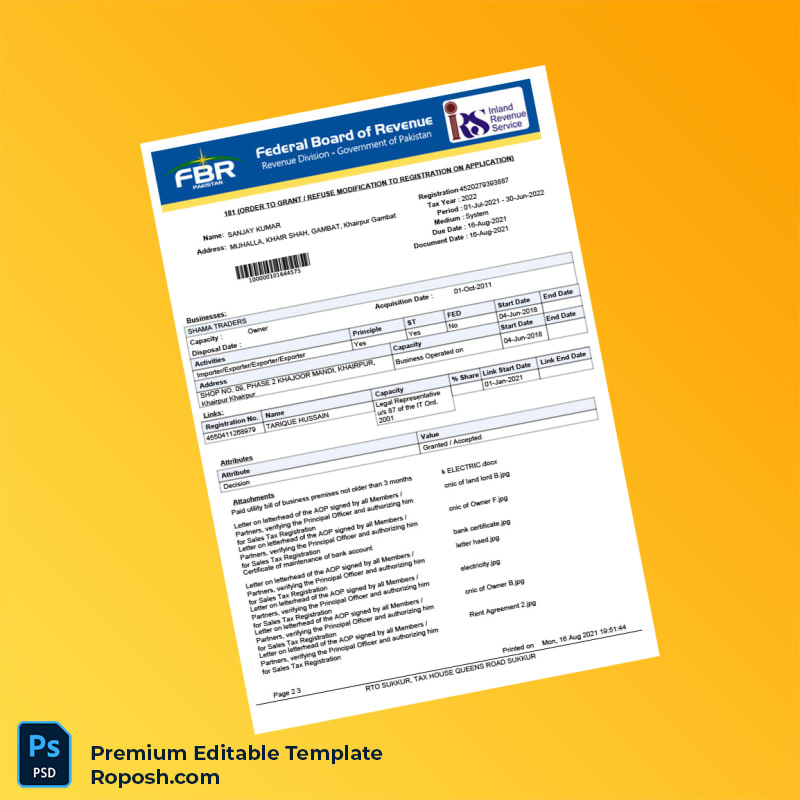 Customizable Pakistan Tax Authority Registration Certificate Editable Word & PDF Template 3 page Customizable Pakistan Tax Authority Registration Certificate Editable Word & PDF Template 3 page