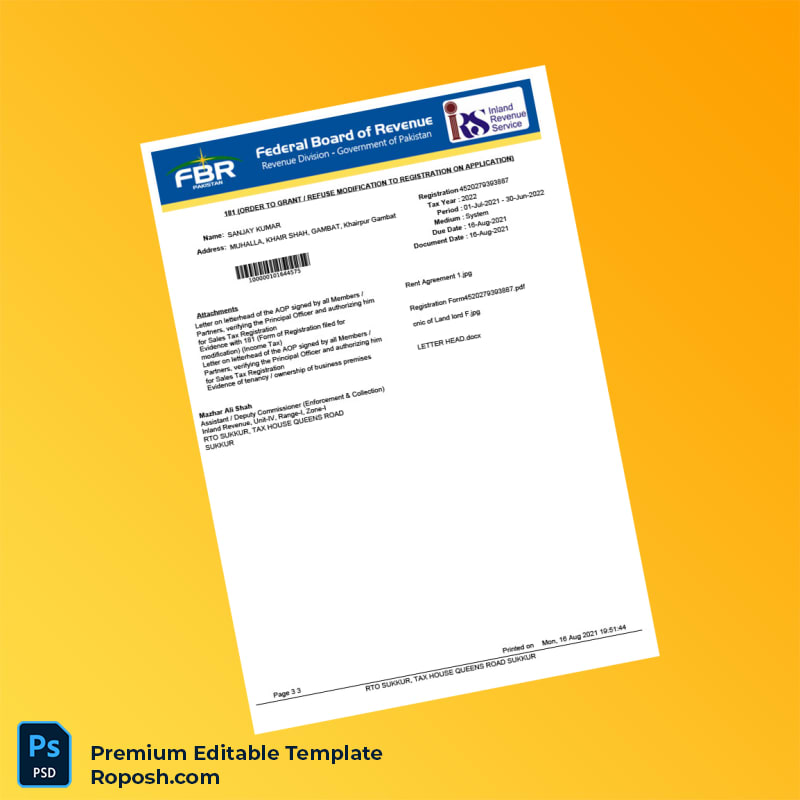 Customizable Pakistan Tax Authority Registration Certificate Editable Word & PDF Template 3 page Customizable Pakistan Tax Authority Registration Certificate Editable Word & PDF Template 3 page