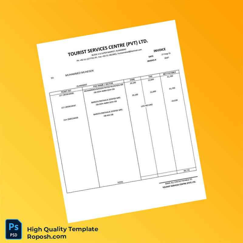 Pakistan Tourist Services Centre Invoice Template in Word and PDF formats Pakistan Tourist Services Centre Invoice Template in Word and PDF formats
