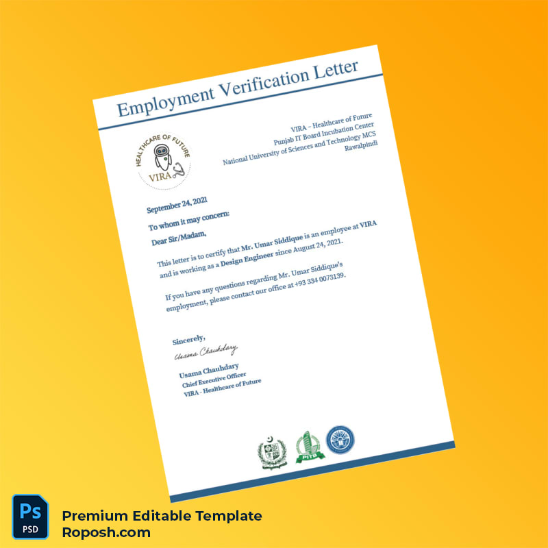 Customizable Pakistan VIRA Employment Verification Letter Word & PDF Template Customizable Pakistan VIRA Employment Verification Letter Word & PDF Template