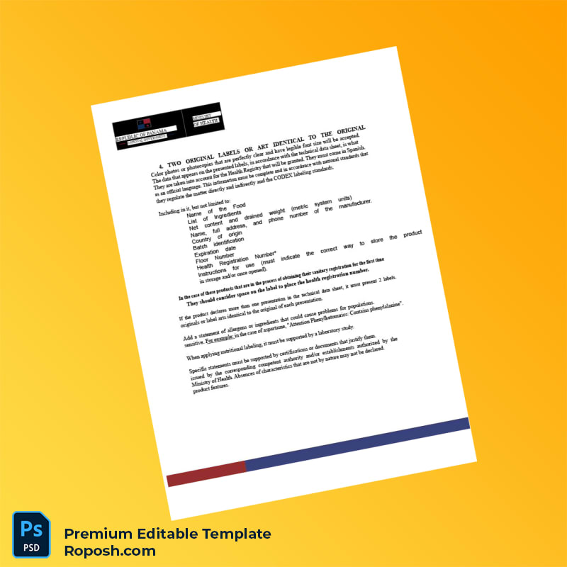 Customizable Panama Ministry of Health Food Sanitary Registration Certificate Editable Word & PDF Template 6 page Customizable Panama Ministry of Health Food Sanitary Registration Certificate Editable Word & PDF Template 6 page