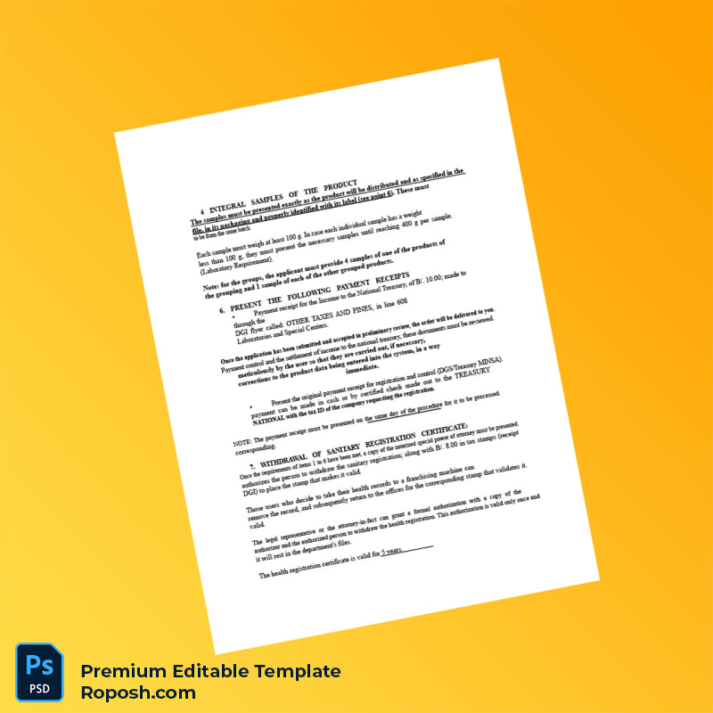 Customizable Panama Ministry of Health Food Sanitary Registration Certificate Editable Word & PDF Template 6 page Customizable Panama Ministry of Health Food Sanitary Registration Certificate Editable Word & PDF Template 6 page