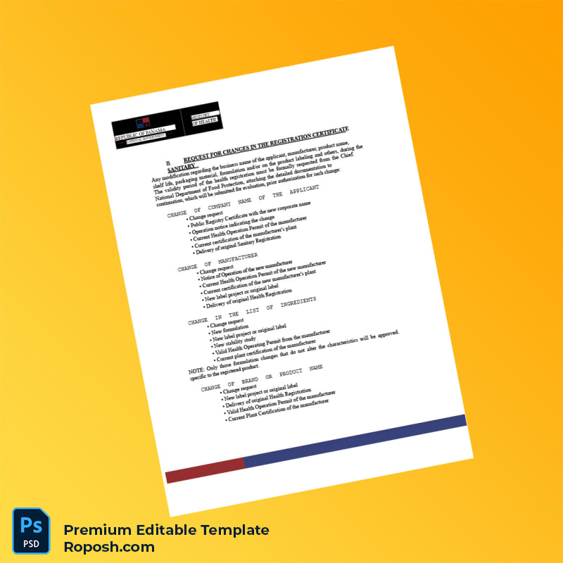 Customizable Panama Ministry of Health Food Sanitary Registration Certificate Editable Word & PDF Template 6 page Customizable Panama Ministry of Health Food Sanitary Registration Certificate Editable Word & PDF Template 6 page