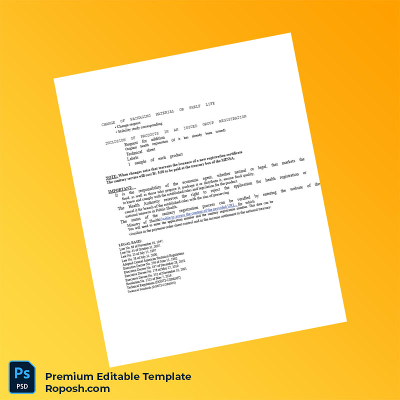 Customizable Panama Ministry of Health Food Sanitary Registration Certificate Editable Word & PDF Template 6 page Customizable Panama Ministry of Health Food Sanitary Registration Certificate Editable Word & PDF Template 6 page