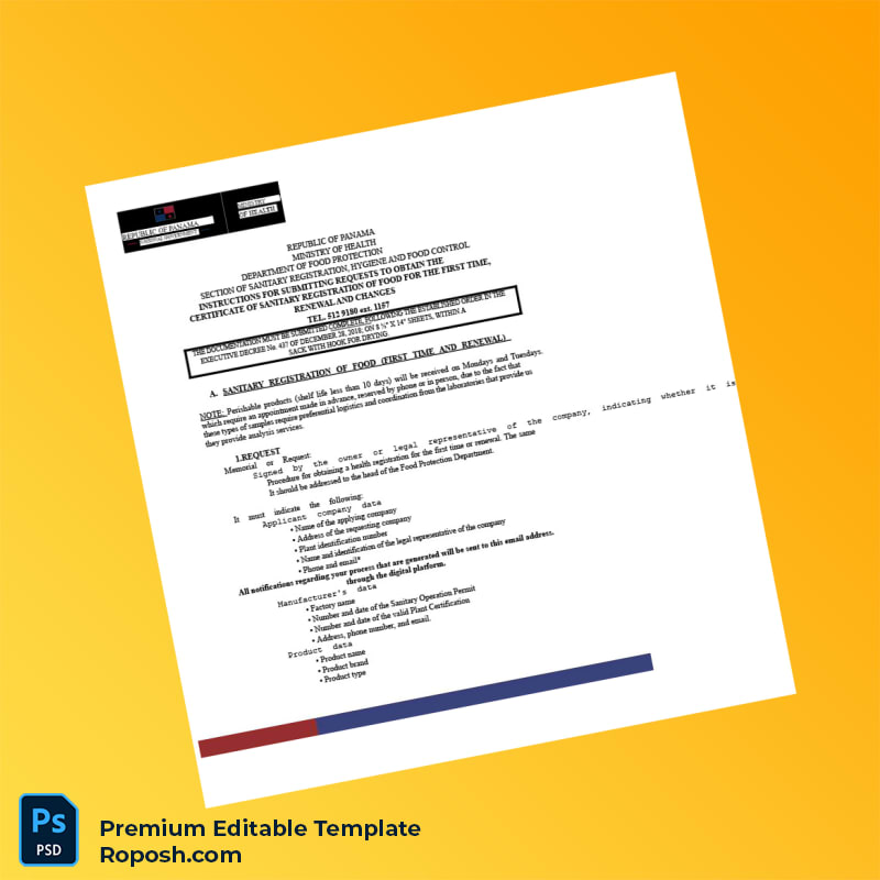 Customizable Panama Ministry of Health Food Sanitary Registration Certificate Editable Word & PDF Template 6 page Customizable Panama Ministry of Health Food Sanitary Registration Certificate Editable Word & PDF Template 6 page