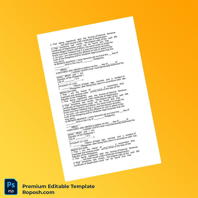 Customizable Philippines Affidavit of Loss Registration Certificate Editable Word & PDF Template 5 page Customizable Philippines Affidavit of Loss Registration Certificate Editable Word & PDF Template 5 page