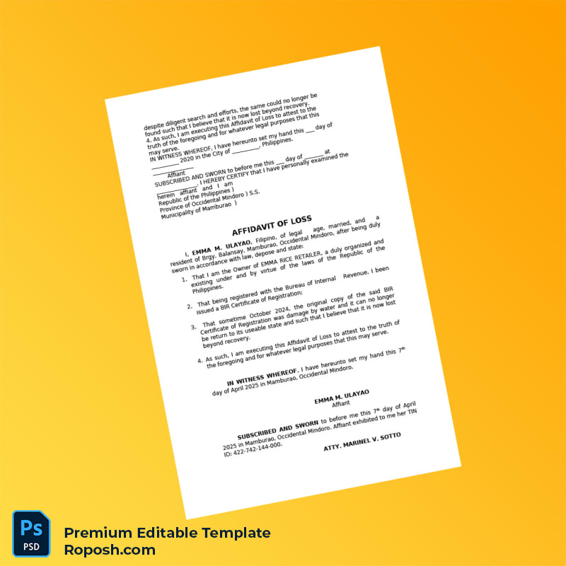 Customizable Philippines Affidavit of Loss Registration Certificate Editable Word & PDF Template 5 page Customizable Philippines Affidavit of Loss Registration Certificate Editable Word & PDF Template 5 page