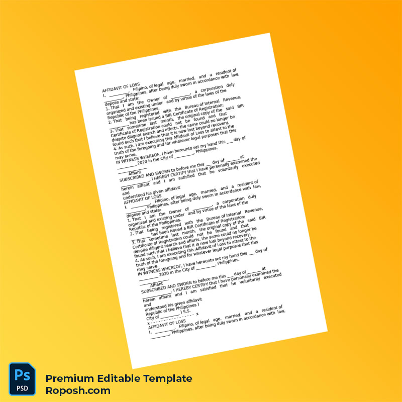 Customizable Philippines Affidavit of Loss Registration Certificate Editable Word & PDF Template 5 page Customizable Philippines Affidavit of Loss Registration Certificate Editable Word & PDF Template 5 page