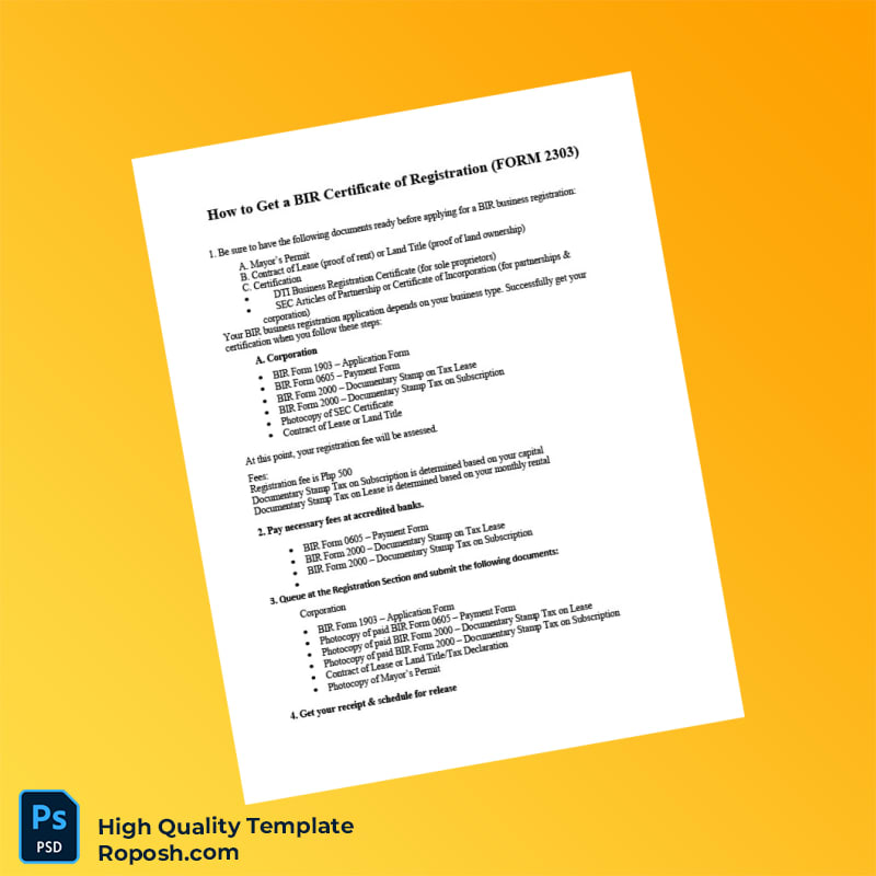 Philippines BIR Registration Certificate Template in Word and PDF formats 2 page Philippines BIR Registration Certificate Template in Word and PDF formats 2 page