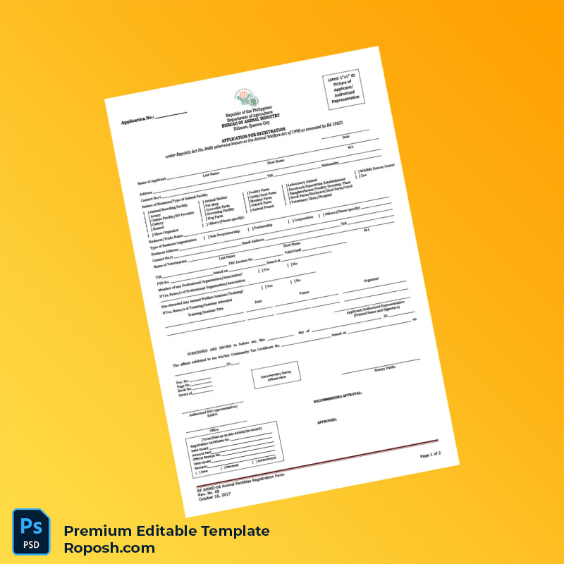 Customizable Philippines Bureau of Animal Industry Animal Facilities Registration Form Editable Word & PDF Template 2 page Customizable Philippines Bureau of Animal Industry Animal Facilities Registration Form Editable Word & PDF Template 2 page