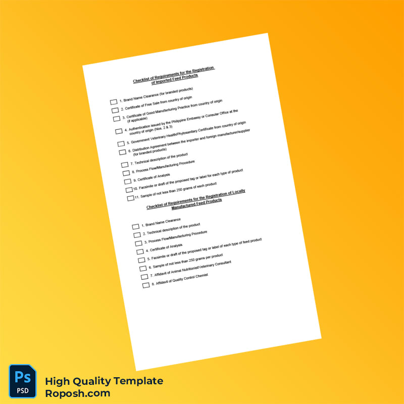 Philippines Bureau of Animal Industry Feed Product Registration Certificate Template in Word and PDF formats 2 page Philippines Bureau of Animal Industry Feed Product Registration Certificate Template in Word and PDF formats 2 page