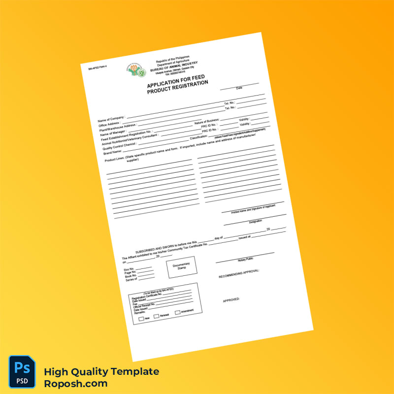 Philippines Bureau of Animal Industry Feed Product Registration Certificate Template in Word and PDF formats 2 page Philippines Bureau of Animal Industry Feed Product Registration Certificate Template in Word and PDF formats 2 page