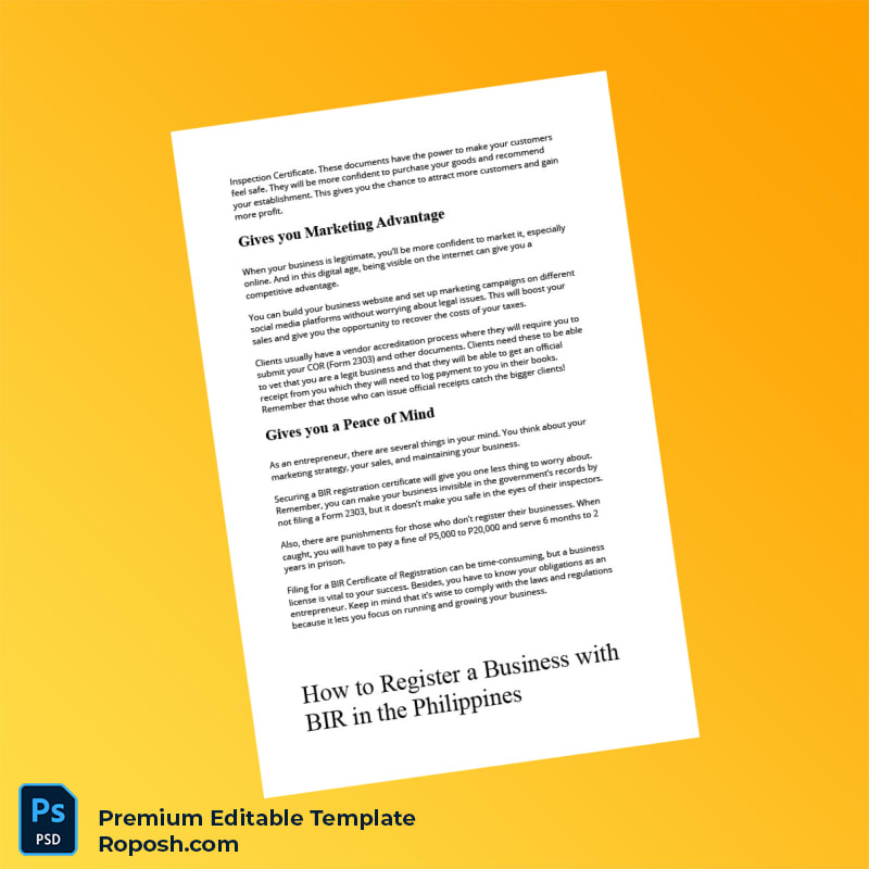 Philippines Bureau of Internal Revenue Business Registration Certificate Editable Word & PDF Template 6 page Philippines Bureau of Internal Revenue Business Registration Certificate Editable Word & PDF Template 6 page