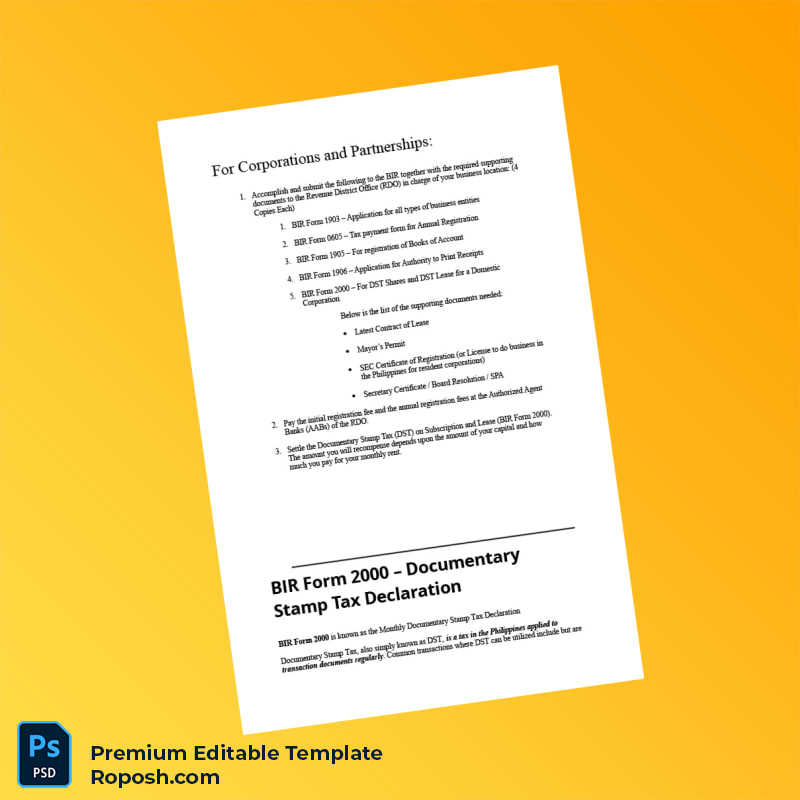 Philippines Bureau of Internal Revenue Business Registration Certificate Editable Word & PDF Template 6 page Philippines Bureau of Internal Revenue Business Registration Certificate Editable Word & PDF Template 6 page