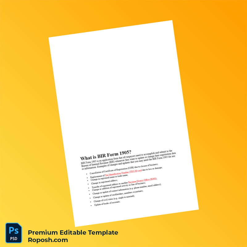 Philippines Bureau of Internal Revenue Business Registration Certificate Editable Word & PDF Template 6 page Philippines Bureau of Internal Revenue Business Registration Certificate Editable Word & PDF Template 6 page