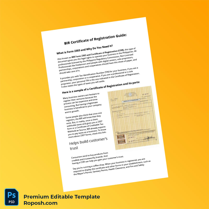 Philippines Bureau of Internal Revenue Business Registration Certificate Editable Word & PDF Template 6 page Philippines Bureau of Internal Revenue Business Registration Certificate Editable Word & PDF Template 6 page