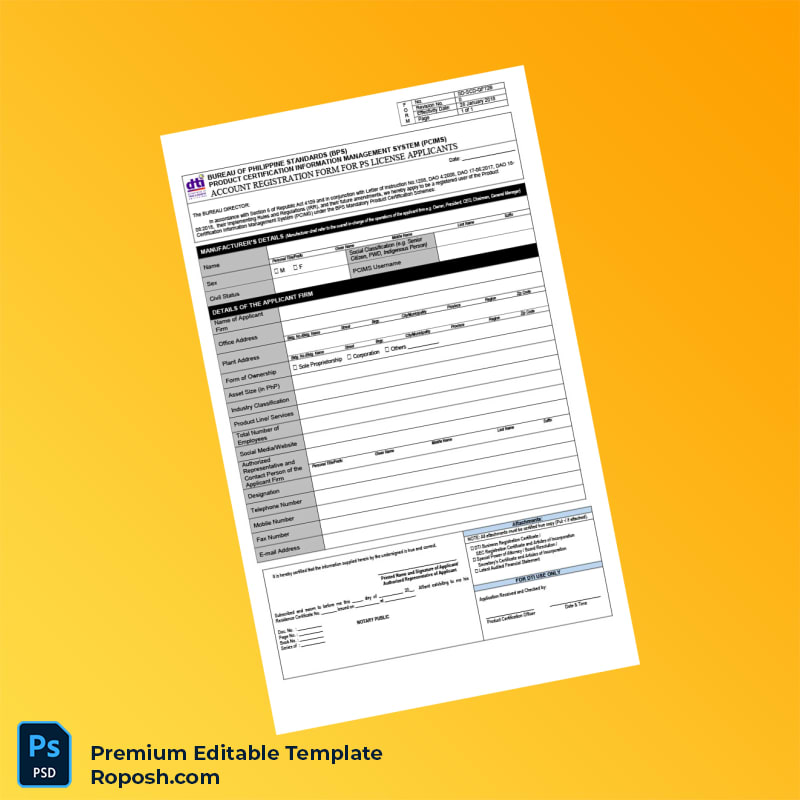 Customizable Philippines Bureau of Philippine Standards Account Registration Form for PS Applicants Editable Word & PDF Template Customizable Philippines Bureau of Philippine Standards Account Registration Form for PS Applicants Editable Word & PDF Template