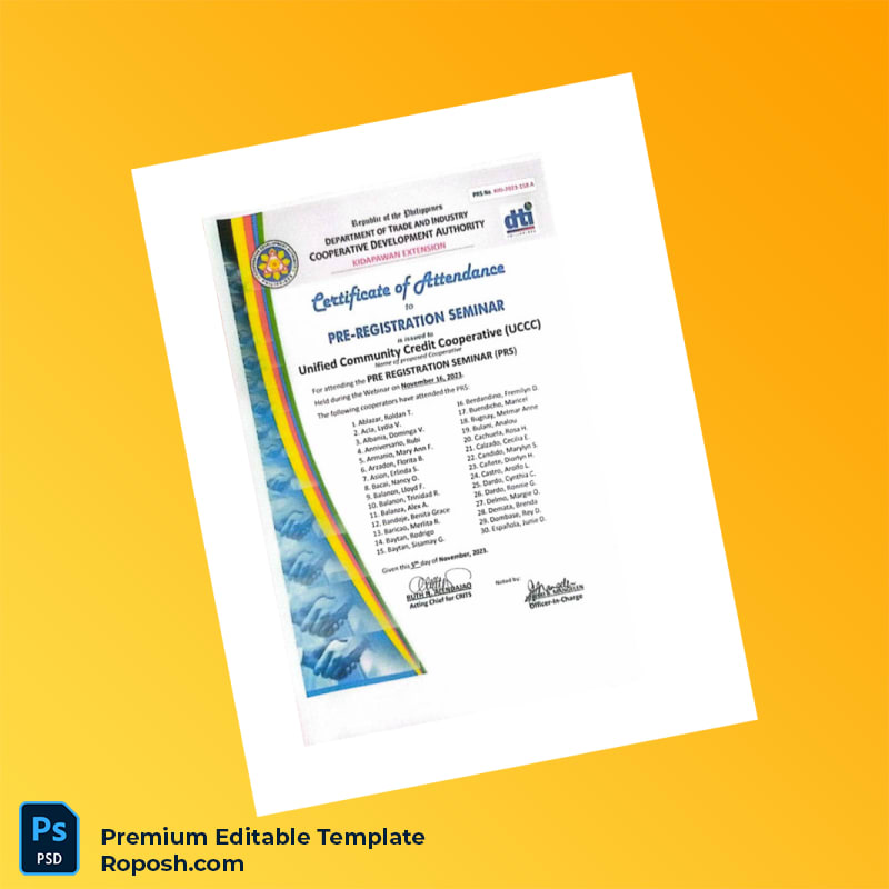 Customizable Philippines Cooperative Development Authority Certificate of Attendance Editable Word & PDF Template 3 page Customizable Philippines Cooperative Development Authority Certificate of Attendance Editable Word & PDF Template 3 page