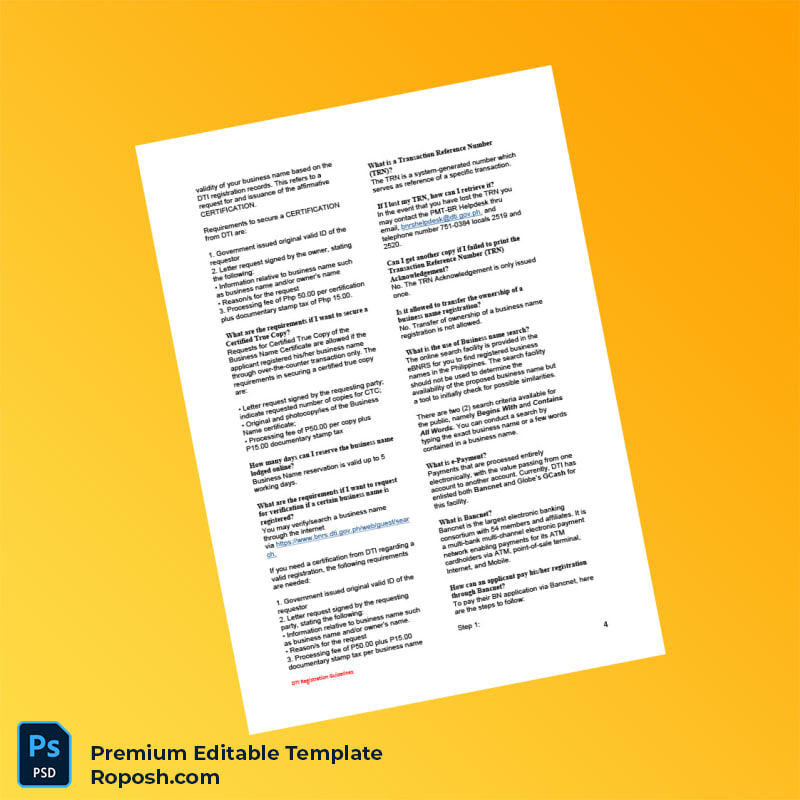 Customizable Philippines DTI Business Registration Certificate Editable Word & PDF Template 6 page Customizable Philippines DTI Business Registration Certificate Editable Word & PDF Template 6 page
