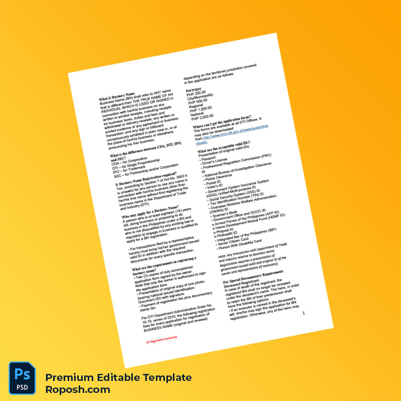 Customizable Philippines DTI Business Registration Certificate Editable Word & PDF Template 6 page Customizable Philippines DTI Business Registration Certificate Editable Word & PDF Template 6 page