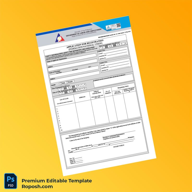 Customizable Philippines Department of Labor and Employment Application for Registration Federation National Union Template in Word and PDF f 3 page Customizable Philippines Department of Labor and Employment Application for Registration Federation National Union Template in Word and PDF f 3 page