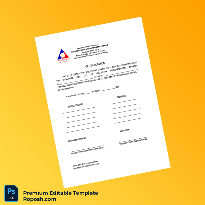 Customizable Philippines Department of Labor and Employment Employment Verification Letter Word & PDF Template 2 page Customizable Philippines Department of Labor and Employment Employment Verification Letter Word & PDF Template 2 page