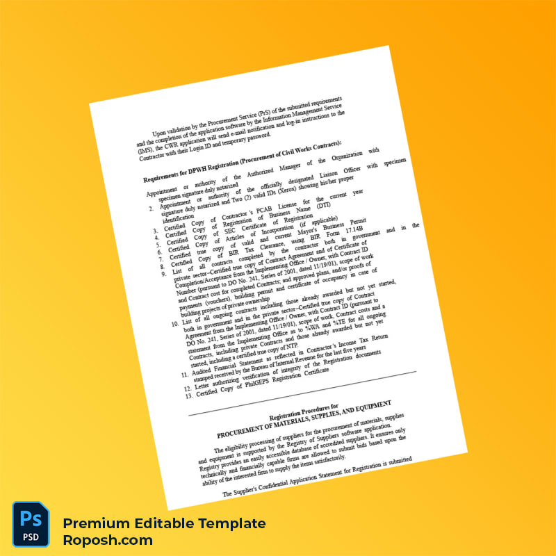 Customizable Philippines Department of Public Works and Highways Registration Requirements Document Editable Word & PDF Template 3 page Customizable Philippines Department of Public Works and Highways Registration Requirements Document Editable Word & PDF Template 3 page