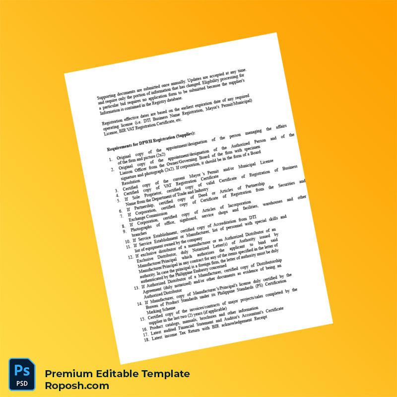 Customizable Philippines Department of Public Works and Highways Registration Requirements Document Editable Word & PDF Template 3 page Customizable Philippines Department of Public Works and Highways Registration Requirements Document Editable Word & PDF Template 3 page