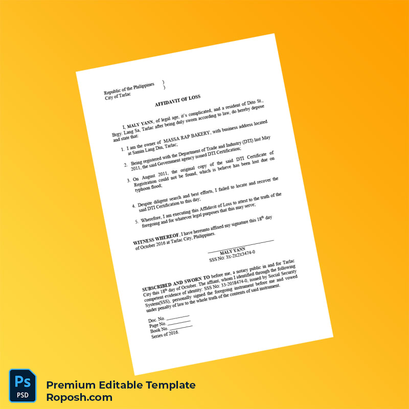 Customizable Philippines Department of Trade and Industry Affidavit of Loss Certificate of Registration Editable Word & PDF Template Customizable Philippines Department of Trade and Industry Affidavit of Loss Certificate of Registration Editable Word & PDF Template