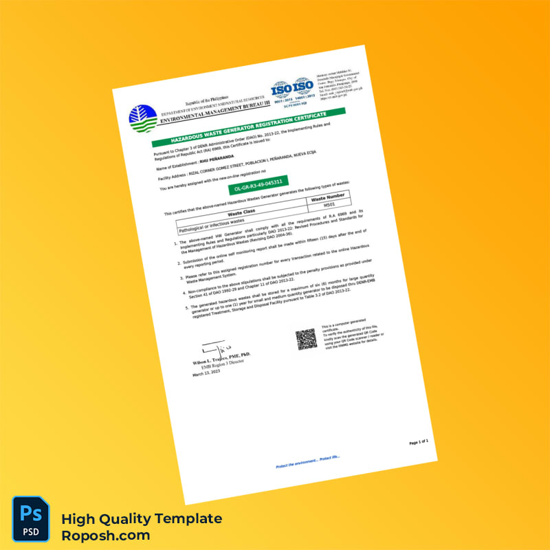 Philippines EMB Hazardous Waste Generator Registration Certificate Template in Word and PDF formats Philippines EMB Hazardous Waste Generator Registration Certificate Template in Word and PDF formats