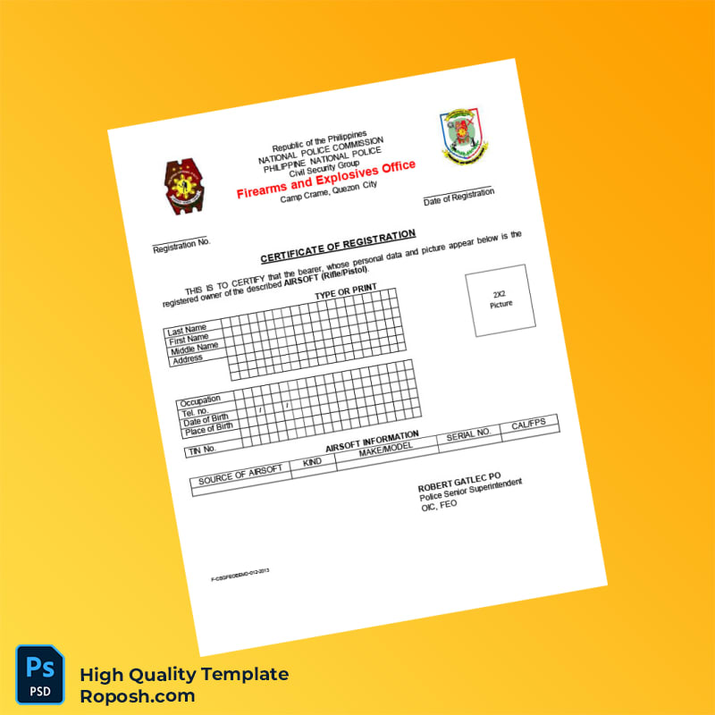Philippines Firearms and Explosives Office Airgun Registration Certificate Template in Word and PDF formats 2 page Philippines Firearms and Explosives Office Airgun Registration Certificate Template in Word and PDF formats 2 page