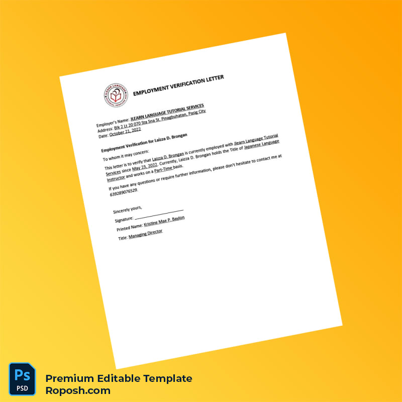 Customizable Philippines JLEARN LANGUAGE TUTORIAL SERVICES Employment Verification Letter Word & PDF Template Customizable Philippines JLEARN LANGUAGE TUTORIAL SERVICES Employment Verification Letter Word & PDF Template