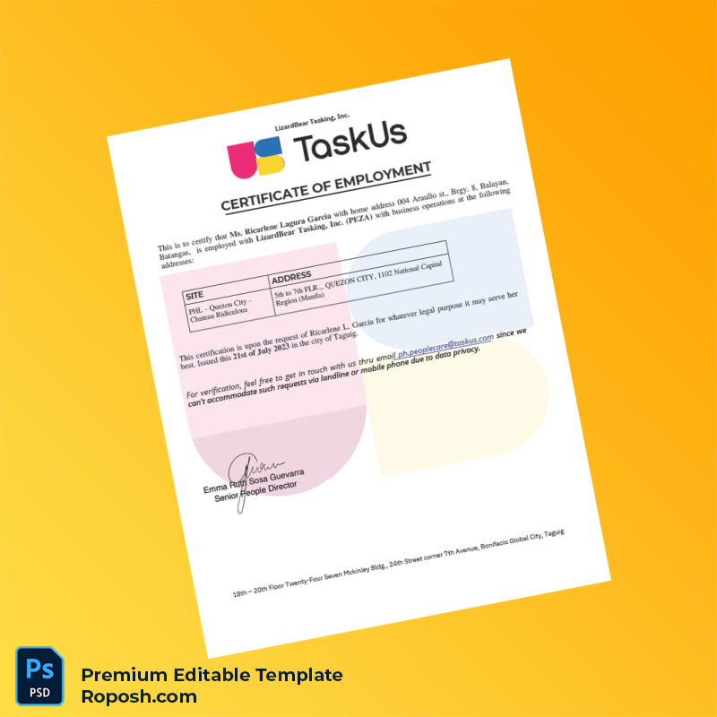 Customizable Philippines LizardBear Tasking Inc Employment Certificate Word & PDF Template Customizable Philippines LizardBear Tasking Inc Employment Certificate Word & PDF Template