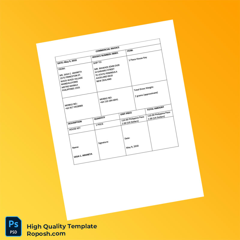 Philippines Ms Sasa C Araneta Commercial Invoice Template in Word and PDF formats Philippines Ms Sasa C Araneta Commercial Invoice Template in Word and PDF formats