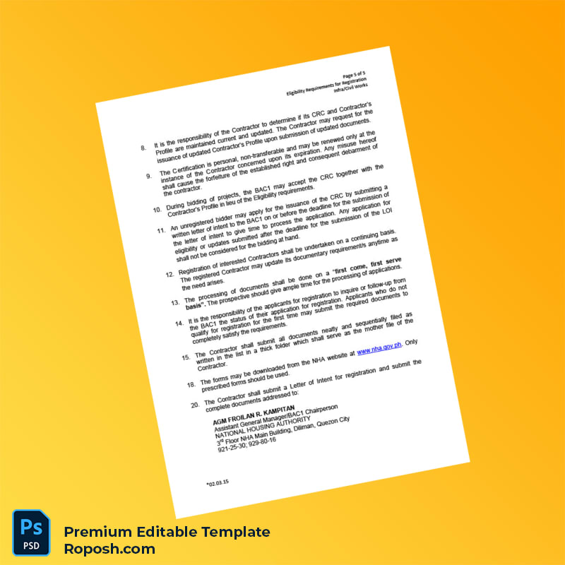 Customizable Philippines National Housing Authority Contractor Registration Certificate Editable Word & PDF Template 5 page Customizable Philippines National Housing Authority Contractor Registration Certificate Editable Word & PDF Template 5 page