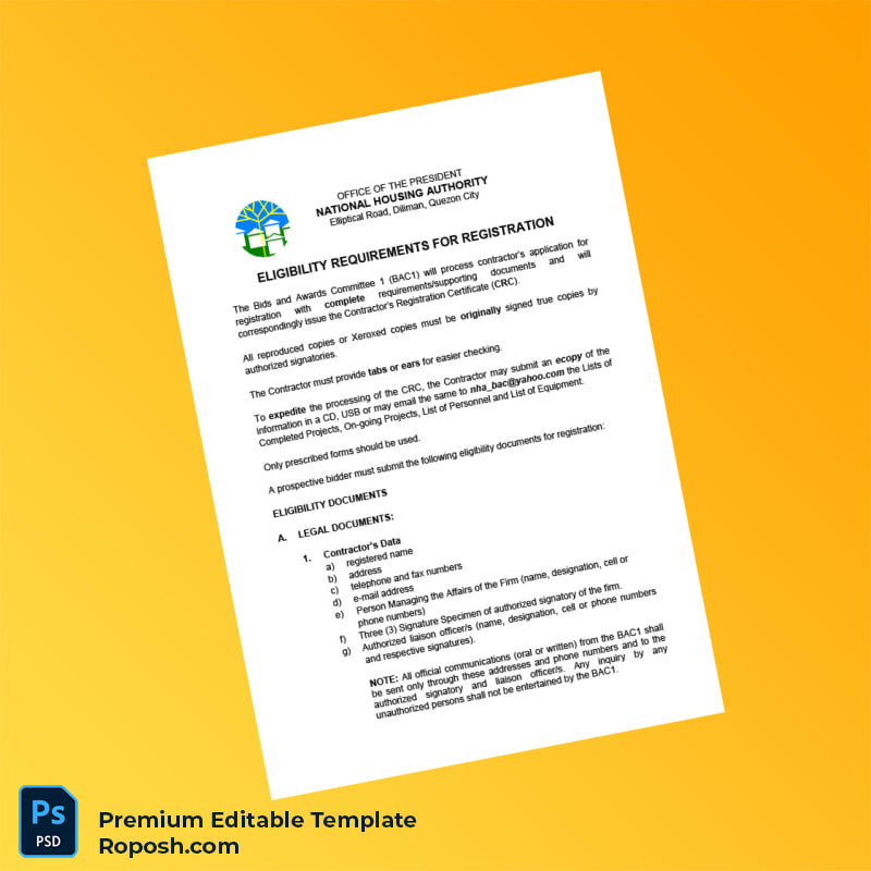 Customizable Philippines National Housing Authority Contractor Registration Certificate Editable Word & PDF Template 5 page Customizable Philippines National Housing Authority Contractor Registration Certificate Editable Word & PDF Template 5 page
