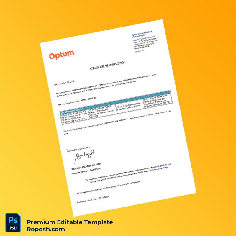 Customizable Philippines Optum Global Solutions Proof of Employment Letter Word & PDF Template Customizable Philippines Optum Global Solutions Proof of Employment Letter Word & PDF Template