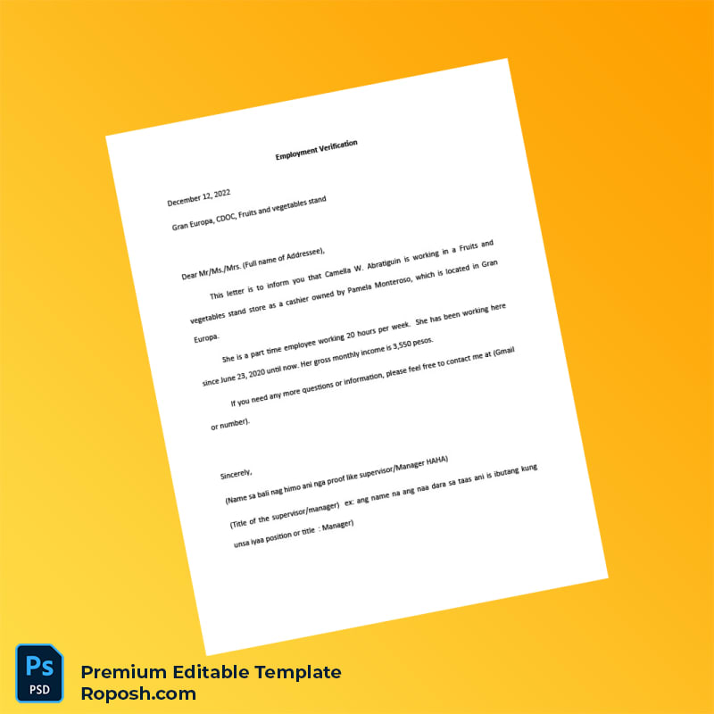 Customizable Philippines Pamela Monteroso Employment Verification Letter Word & PDF Template 2 page Customizable Philippines Pamela Monteroso Employment Verification Letter Word & PDF Template 2 page
