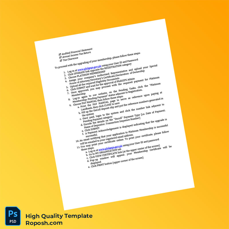 Philippines PhilGEPS Certificate of Registration Template in Word and PDF formats 2 page Philippines PhilGEPS Certificate of Registration Template in Word and PDF formats 2 page