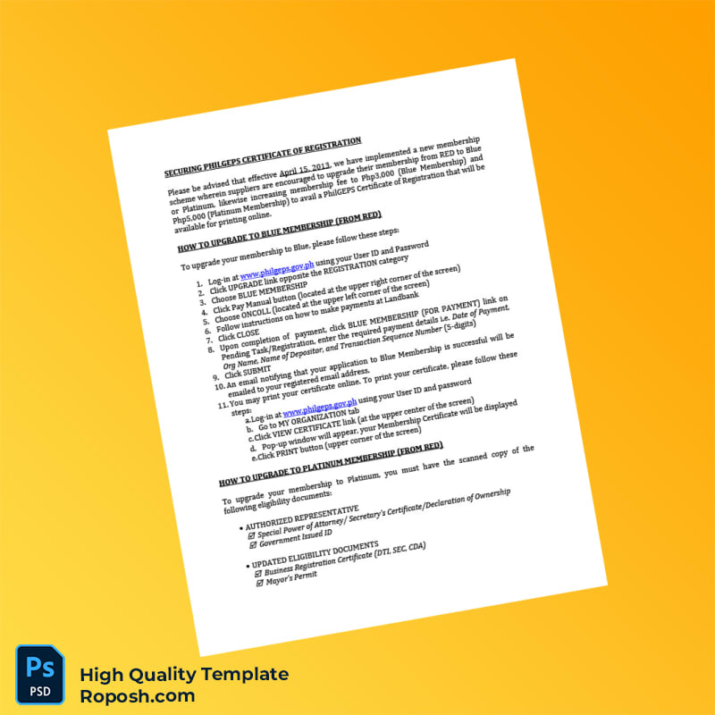Philippines PhilGEPS Certificate of Registration Template in Word and PDF formats 2 page Philippines PhilGEPS Certificate of Registration Template in Word and PDF formats 2 page