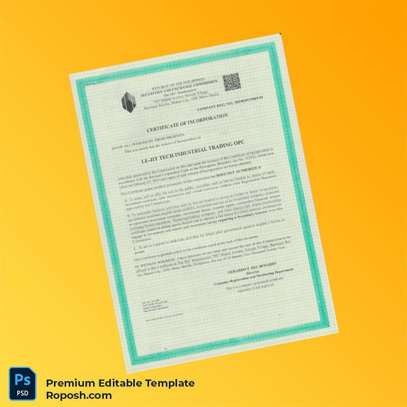 Customizable Philippines Securities and Exchange Commission Certificate of Incorporation Editable Word & PDF Template Customizable Philippines Securities and Exchange Commission Certificate of Incorporation Editable Word & PDF Template