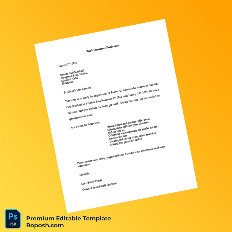 Customizable Philippines Smooth Café Moalboal Work Experience Certificate Word & PDF Template Customizable Philippines Smooth Café Moalboal Work Experience Certificate Word & PDF Template