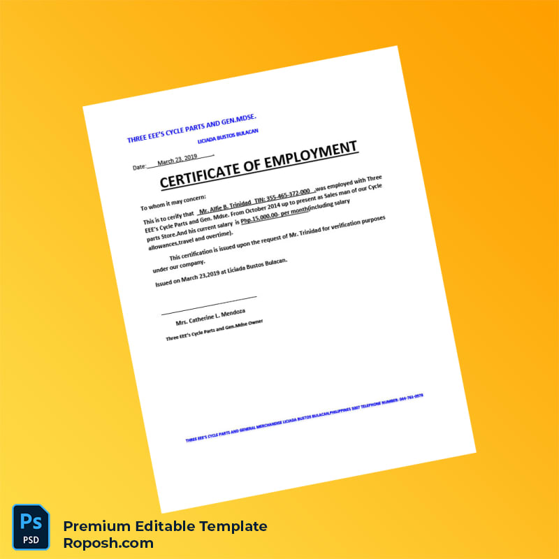 Customizable Philippines Three EEE s Cycle Parts Employment Verification Letter Word & PDF Template 4 page Customizable Philippines Three EEE s Cycle Parts Employment Verification Letter Word & PDF Template 4 page