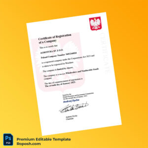 Poland Securities and Investments Commission Business Registration Certificate Editable Word & PDF Template