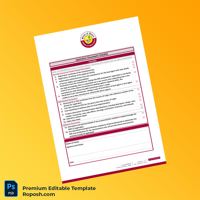 Customizable Qatar Ministry of Public Health Implantable Medical Device Registration Application Form Editable Word & PDF Template 2 page Customizable Qatar Ministry of Public Health Implantable Medical Device Registration Application Form Editable Word & PDF Template 2 page