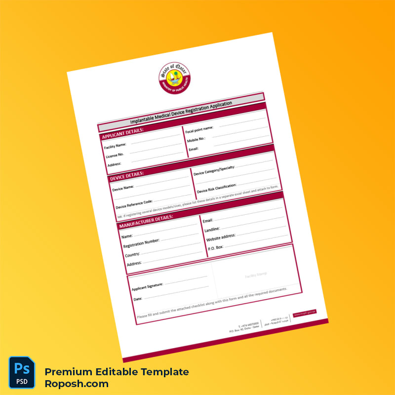 Customizable Qatar Ministry of Public Health Implantable Medical Device Registration Application Form Editable Word & PDF Template 2 page Customizable Qatar Ministry of Public Health Implantable Medical Device Registration Application Form Editable Word & PDF Template 2 page